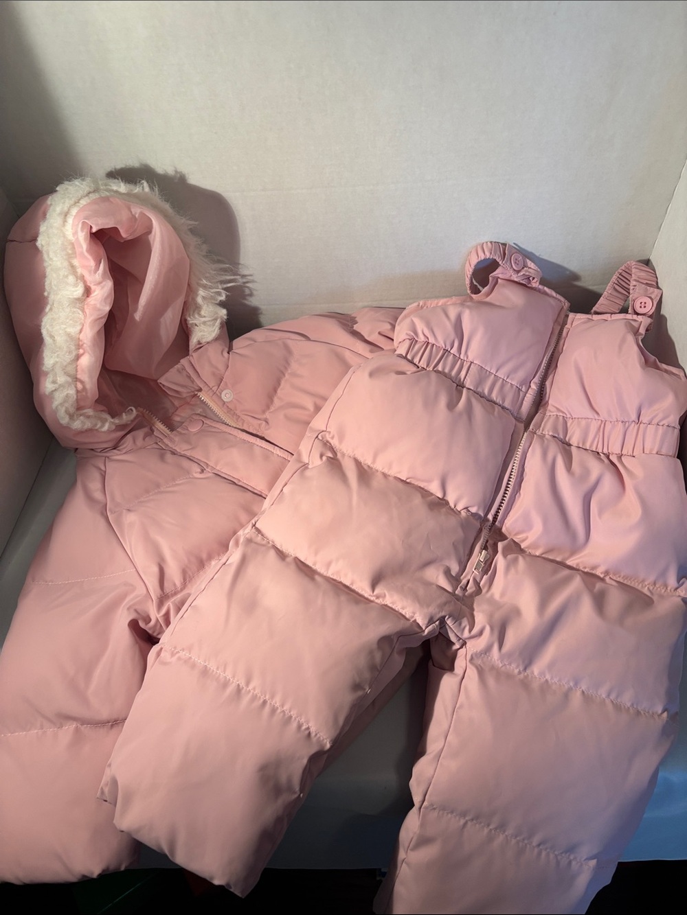 SHEIN Pink Quilted Puffer Snow Pants with Faux-Fur Hood